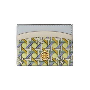 Tory Burch Robinson Printed Card Case Acid Lemon Basket-Weave NWOT